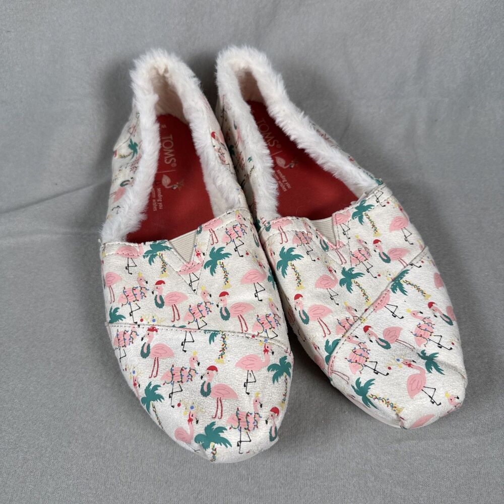 TOMS Alpargata Cozy Fleece Lined Paper Source Santa Flamingo Shoes Size 10
